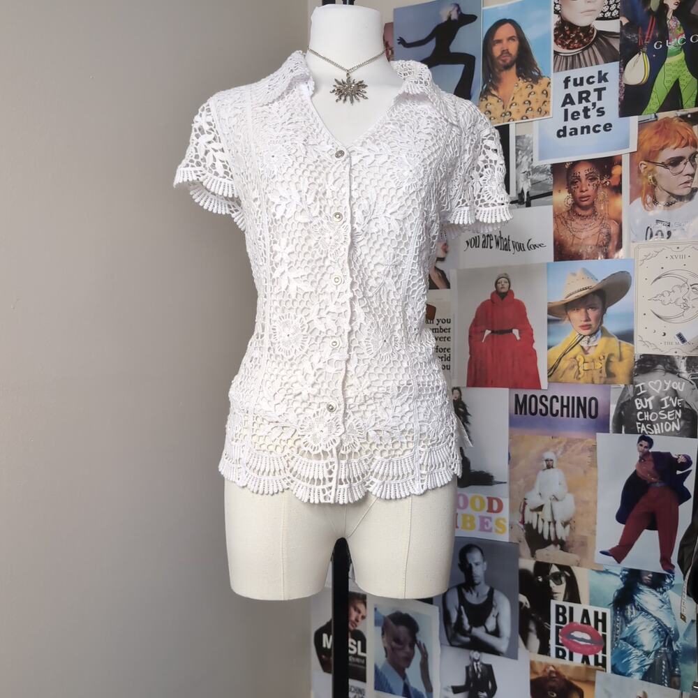 White Crochet Button-Up Blouse Fairy Cottagecore